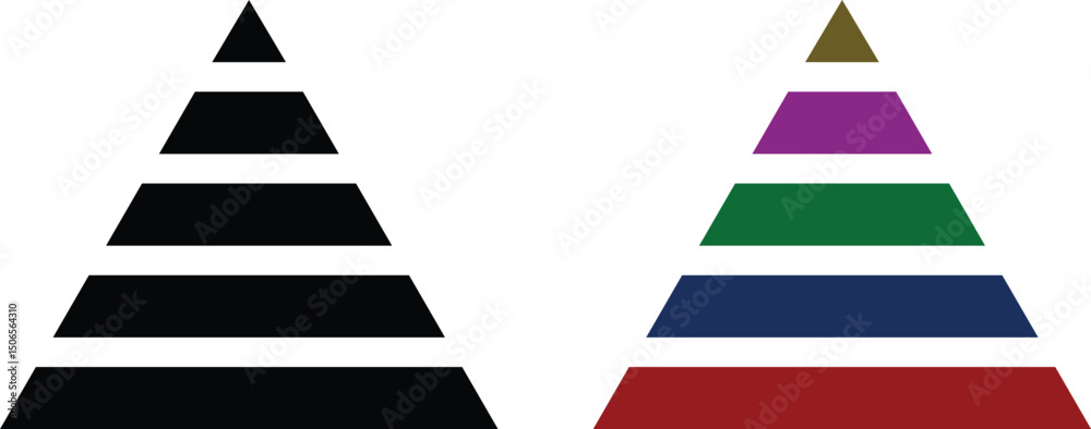 Fototapeta premium Levels of triangular pyramid icon set. Triangle pyramid chart collection. Maslow layer diagram. Development level infographic. Business graph. Vector illustration isolated on transparent background.