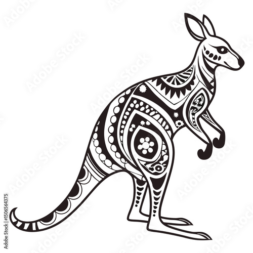 A black kangaroo silhouette vector illustration depicts the wild Australian mammal animal with a distinct tail, often seen jumping