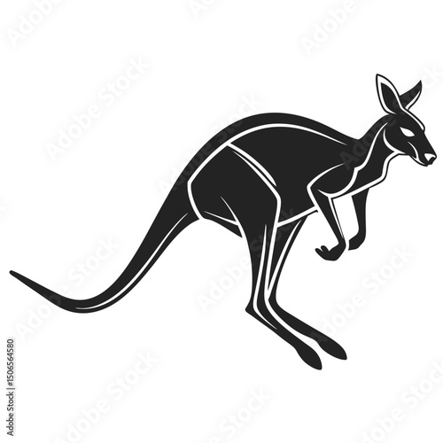 A black kangaroo silhouette vector illustration depicts the wild Australian mammal animal with a distinct tail, often seen jumping