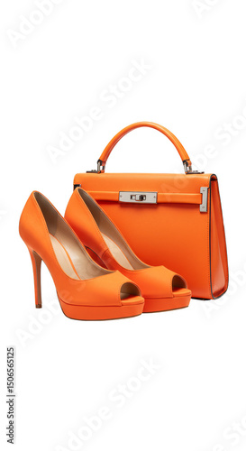 Orange High Heels Shoes And Handbag Isolated Photo on Transparent Background