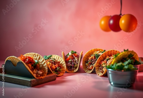 Vibrant taco bar with rainbow tortillas and fillings on pastel background photo