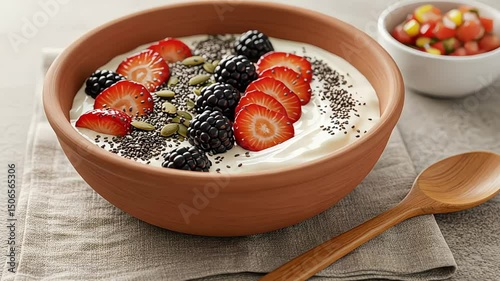 Yogurt bowl with fresh berries, chia seeds, and pumpkin seeds close up