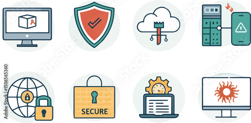 Digital Security Icons: A collection of meticulously designed icons represents the core elements of digital security. Each icon, from secure shields to global network locks.