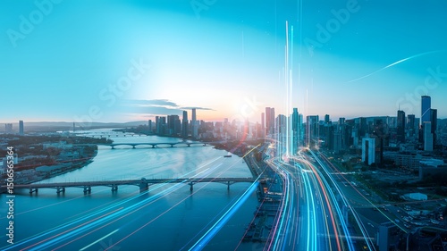 Futuristic Cityscape at Sunset with Dramatic Light Streak Effects and High-Tech Urban Skyline.