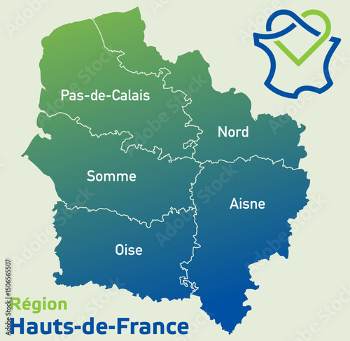 Carte région Hauts-de-France, Aisne, Nord, Oise, Pas-de-Calais, Somme