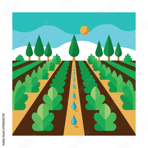 Organic Farm Rows with Leafy Greens and Drip Irrigation
