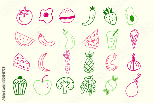 hand drawn Food and drink line icons set in pink and green colors vector illustration