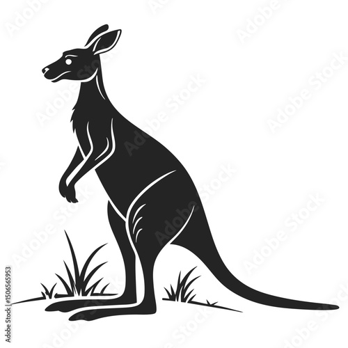 A black kangaroo silhouette vector illustration depicts the wild Australian mammal animal with a distinct tail, often seen jumping