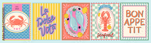 Food vector illustration. Lobster, crab, fish, lemons. Kitchen, restaurant menu, poster design. Menu, logo, book, packaging concept.