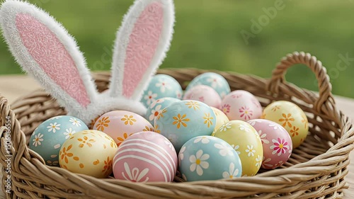Colorful Easter eggs in a wicker basket with bunny ears