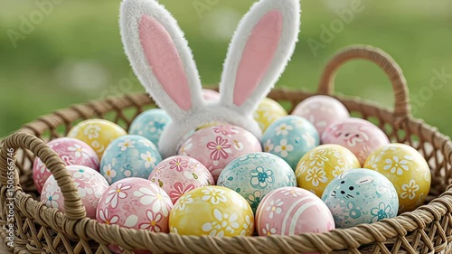 Easter basket filled with colorful eggs and bunny ears decoration