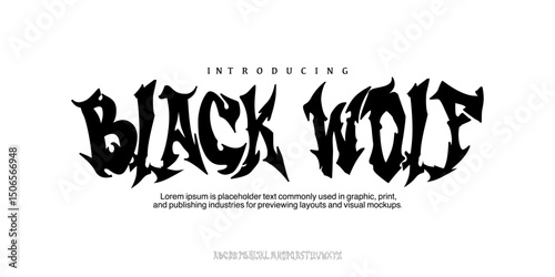 Font black Wolf. Craft retro vintage typeface design. Graphic display alphabet. Fantasy type letters. Rock characters, fire flame metal underground band Vector . Old badge, label, logo template.