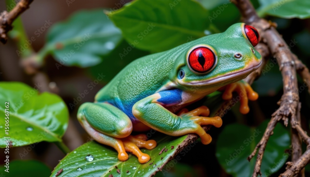 Naklejka premium Detailed close-up of a vibrant red-eyed green tree frog perched on a lush leaf with water droplets in natural tropical environment