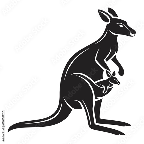 A black kangaroo silhouette vector illustration depicts the wild Australian mammal animal with a distinct tail, often seen jumping