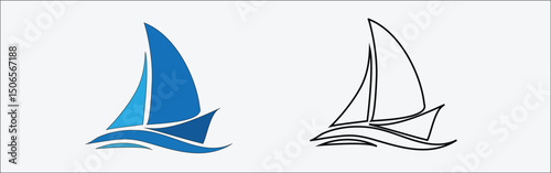 blue and black Sailing boat logo set. icon abstract vector template. Sailboat with  waves. Vector illustration 