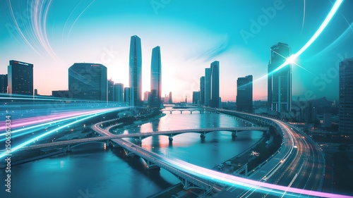 Futuristic Cityscape at Sunset with Dramatic Light Streak Effects and High-Tech Urban Skyline.