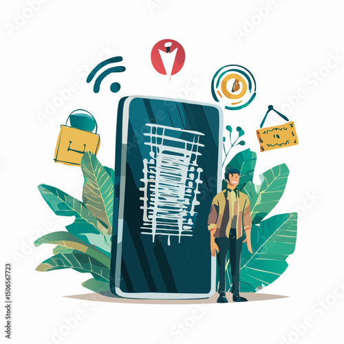 A clean vector illustration showing phone overload and app fatigue, with notifications, doom scrolling, and screen time stress symbols.