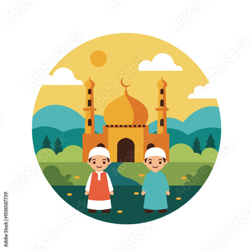 Celebrating Eid: Children Together in Front of a Mosque