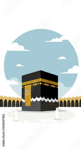 The image shows various artistic illustrations of the Kaaba in Mecca, captured in different visual styles