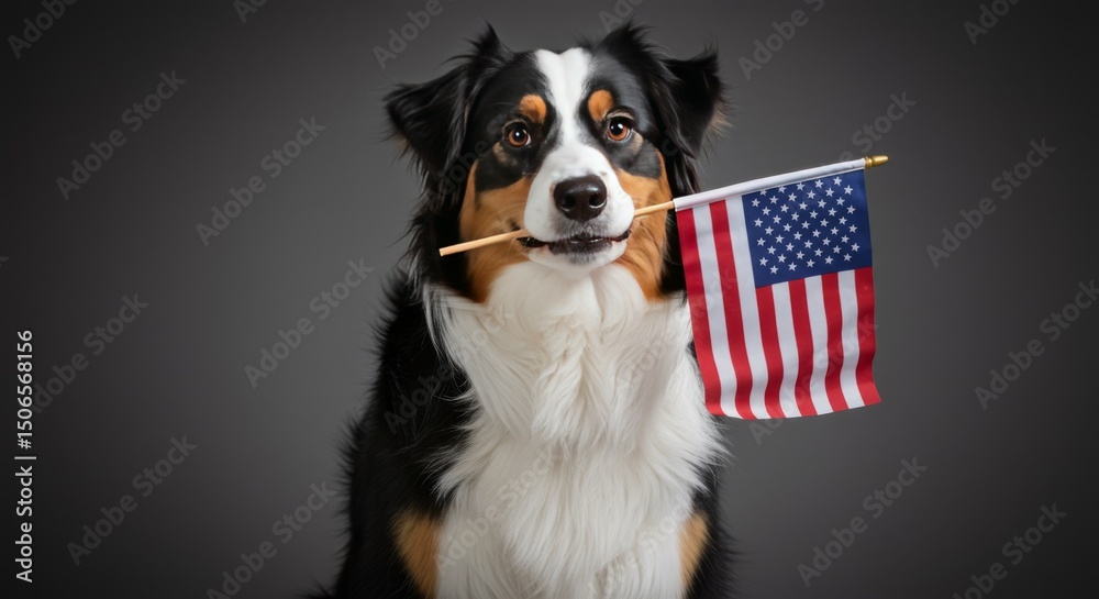 Fototapeta premium Dog Holding Small National Flag in Mouth on Gray Background