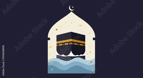 The image shows various artistic illustrations of the Kaaba in Mecca, captured in different visual styles