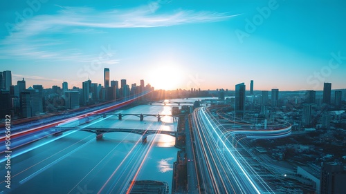 Futuristic Cityscape at Sunset with Dramatic Light Streak Effects and High-Tech Urban Skyline.