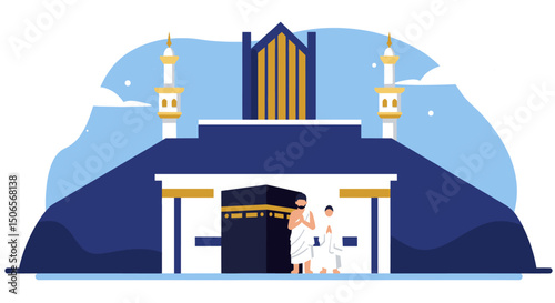 The vector depicts a crowd gathered in front of the Kaaba in Mecca, with two hands raised in prayer.