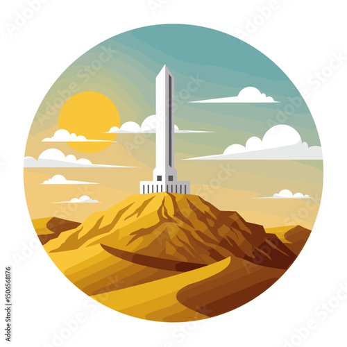 The vector shows a towering structure on top of a mountain, set against an orange, sunlit sky. The minimalist design highlights the sleek and modern appearance of the building