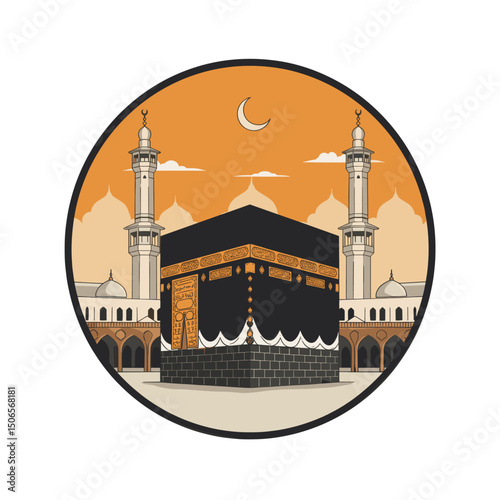 The image shows various artistic illustrations of the Kaaba in Mecca, captured in different visual styles