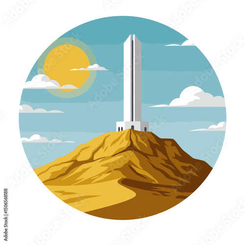 The vector shows a towering structure on top of a mountain, set against an orange, sunlit sky. The minimalist design highlights the sleek and modern appearance of the building