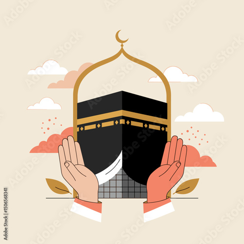 The vector depicts a crowd gathered in front of the Kaaba in Mecca, with two hands raised in prayer.