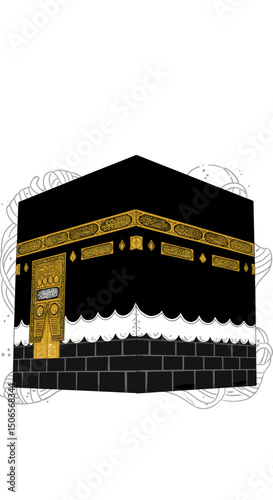 The image shows various artistic illustrations of the Kaaba in Mecca, captured in different visual styles