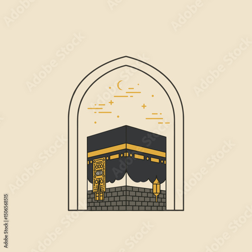 The image shows various artistic illustrations of the Kaaba in Mecca, captured in different visual styles