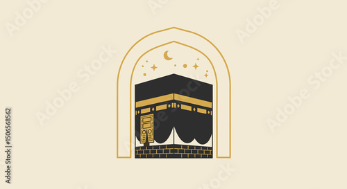 The image shows various artistic illustrations of the Kaaba in Mecca, captured in different visual styles