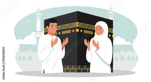  The golden-toned illustration highlights the grandeur of the mosque and the sacredness of the moment, capturing the spiritual essence of the scene with a peaceful, welcoming atmosphere.