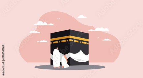  The golden-toned illustration highlights the grandeur of the mosque and the sacredness of the moment, capturing the spiritual essence of the scene with a peaceful, welcoming atmosphere.