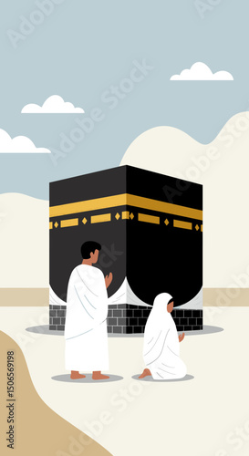  The golden-toned illustration highlights the grandeur of the mosque and the sacredness of the moment, capturing the spiritual essence of the scene with a peaceful, welcoming atmosphere.