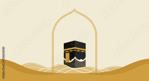 shows various artistic illustrations of the Kaaba in Mecca, captured in different visual styles, ranging from simplified minimalist representations to more detailed and complex renditions, with variat