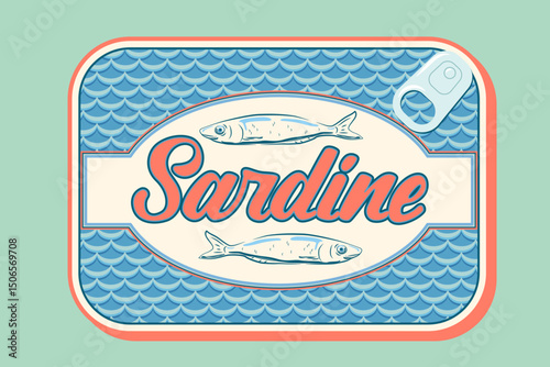 Sardines, seafood packaging. Sardine colorful vector sea illustration. Design for posters, stickers, package, recipe book.