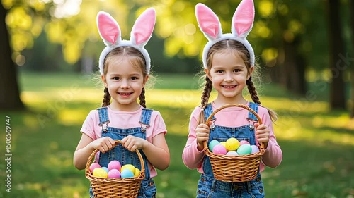 Two Cute Little Girls Celebrating Easter With Bunny Ears and Baskets