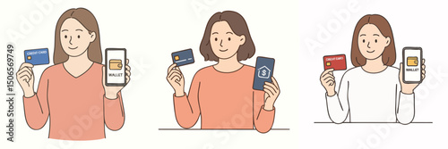 vector illustration collection of a woman showing savings card and investment application on her mobile phone
