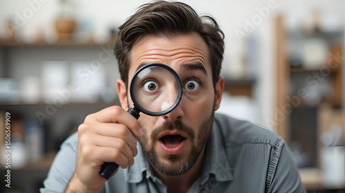 Man search something with a magnifier lens with surprised expression