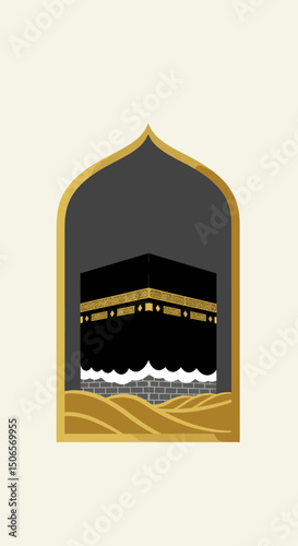 shows various artistic illustrations of the Kaaba in Mecca, captured in different visual styles, ranging from simplified minimalist representations to more detailed and complex renditions, with variat