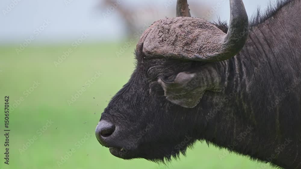 side view of wild buffalo in a field in masai mara kenya. close up shot of the animal 