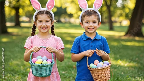 Children in bunny ears holding baskets of Easter eggs outdoors