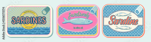 Sardines, seafood packaging. Sardine colorful vector sea illustration. Design for posters, stickers, package, recipe book.