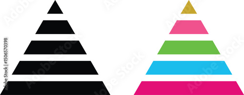 Levels of triangular pyramid icon set. Triangle pyramid chart collection. Maslow layer diagram. Development level infographic. Business graph. Vector illustration isolated on transparent background.