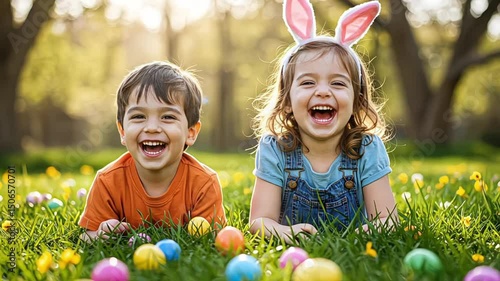 Two happy children celebrate Easter wearing bunny ears outdoors