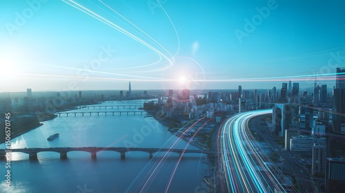 Futuristic Cityscape at Sunset with Dramatic Light Streak Effects and High-Tech Urban Skyline.