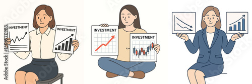 vector illustration collection of a woman presenting investment report on screen and on clipboard, wearing formal shirt